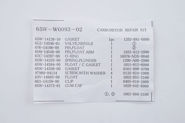 Yamaha Carburetor Repair Kit - 65W-W0093-02-00 Online Sale